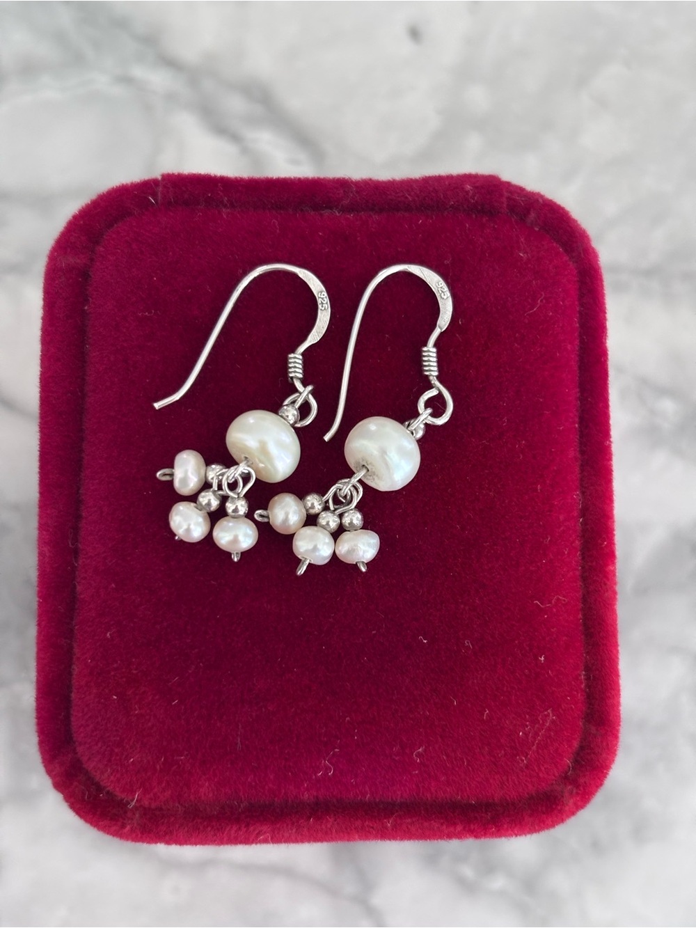 Sterling Silver White Pearl Cluster Drop Earrings